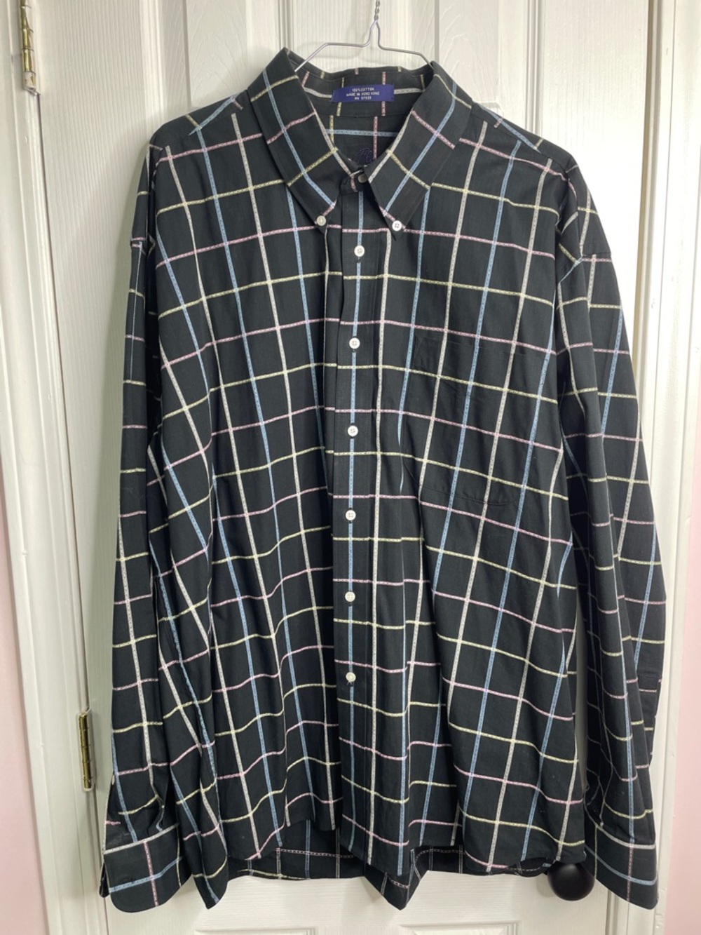 Alan Flusser Black Button-Down Shirt with Pastel Windowpane Grid